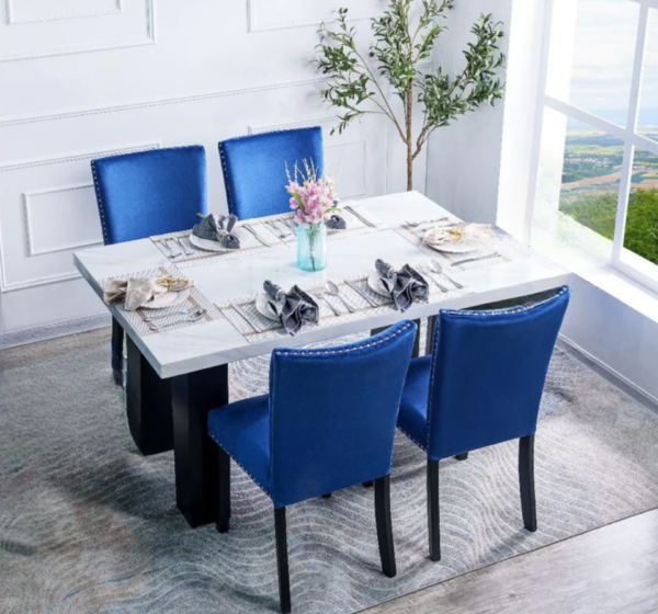 5Pc Square Dining Table with Marble Top and 4 Upholstered Blue Chairs Dining Room Set