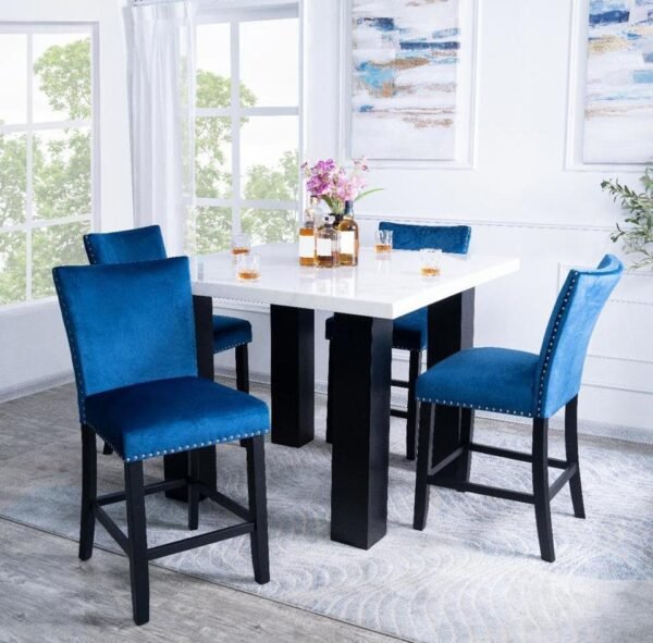 5Pc Square Dining Table with Marble Top and 4 Upholstered Blue Chairs Dining Room Set - Image 2