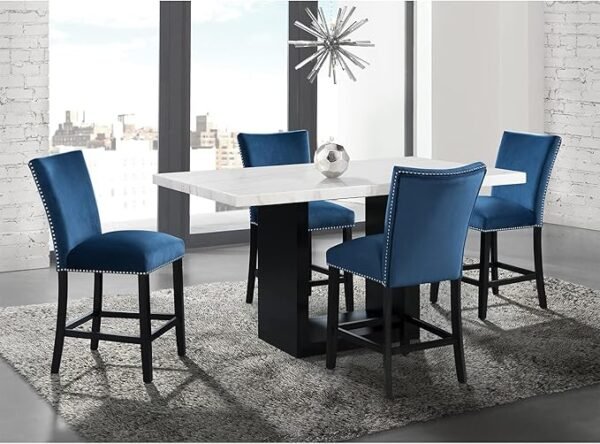 5Pc Square Dining Table with Marble Top and 4 Upholstered Blue Chairs Dining Room Set - Image 3