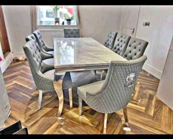 Marble Rectangular Silver Dining With Majestic chairs Set - Image 2