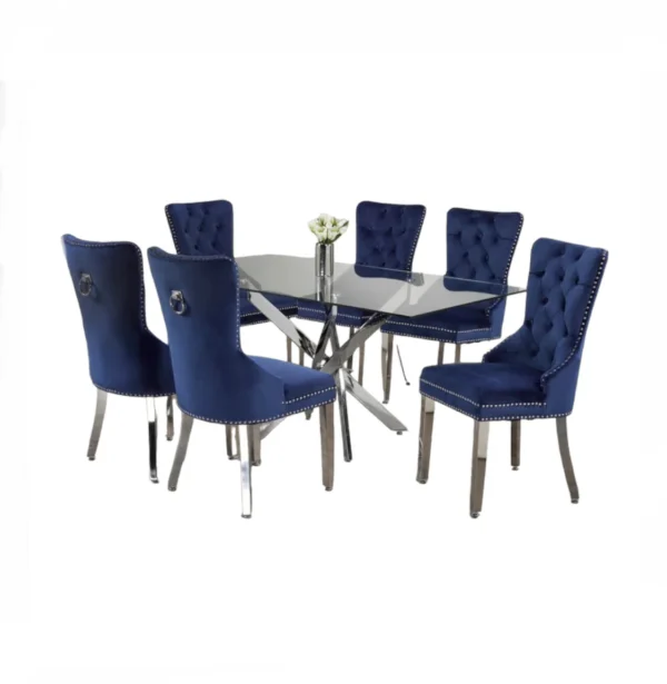 Rectangle Glass Top Dining Table 7pcs Set With Luxury Velvet Chairs