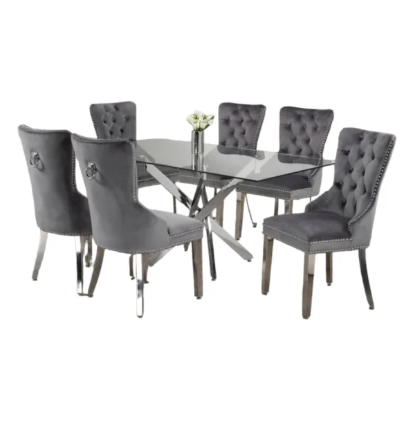 Rectangle Glass Top Dining Table 7pcs Set With Luxury Velvet Chairs Grey Set