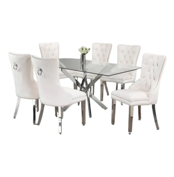 Rectangle Glass Top Dining Table 7pcs Set With Luxury Velvet Chairs