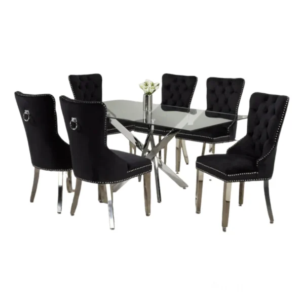 Rectangle Glass Top Dining Table 7pcs Set With Luxury Velvet Chairs Black Set