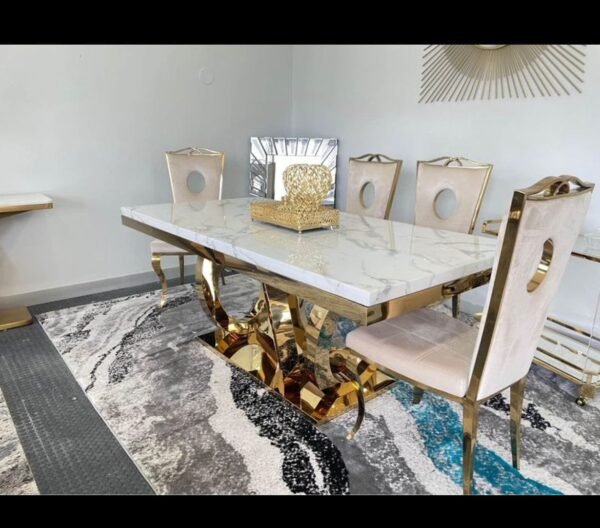 Beautiful Audi Design Marble with Gold Dining Table Set - Image 2