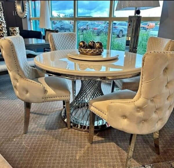 Beautiful Round Marble With Gold & Silver Leg Dining Set