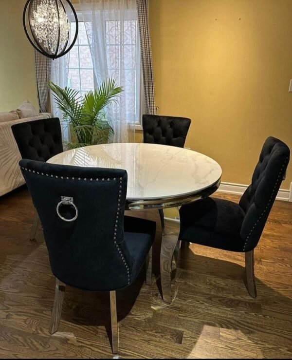 Round Marble With Silver Dining Table Set - Image 2
