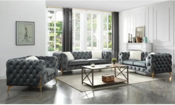 EI_3425 - Grey Sofa Set with Posh Velvet Fabric - 3 Piece