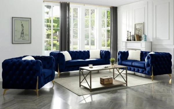 EI_3425 Sofa Set with Posh Velvet Fabric - 3 Piece - Blue